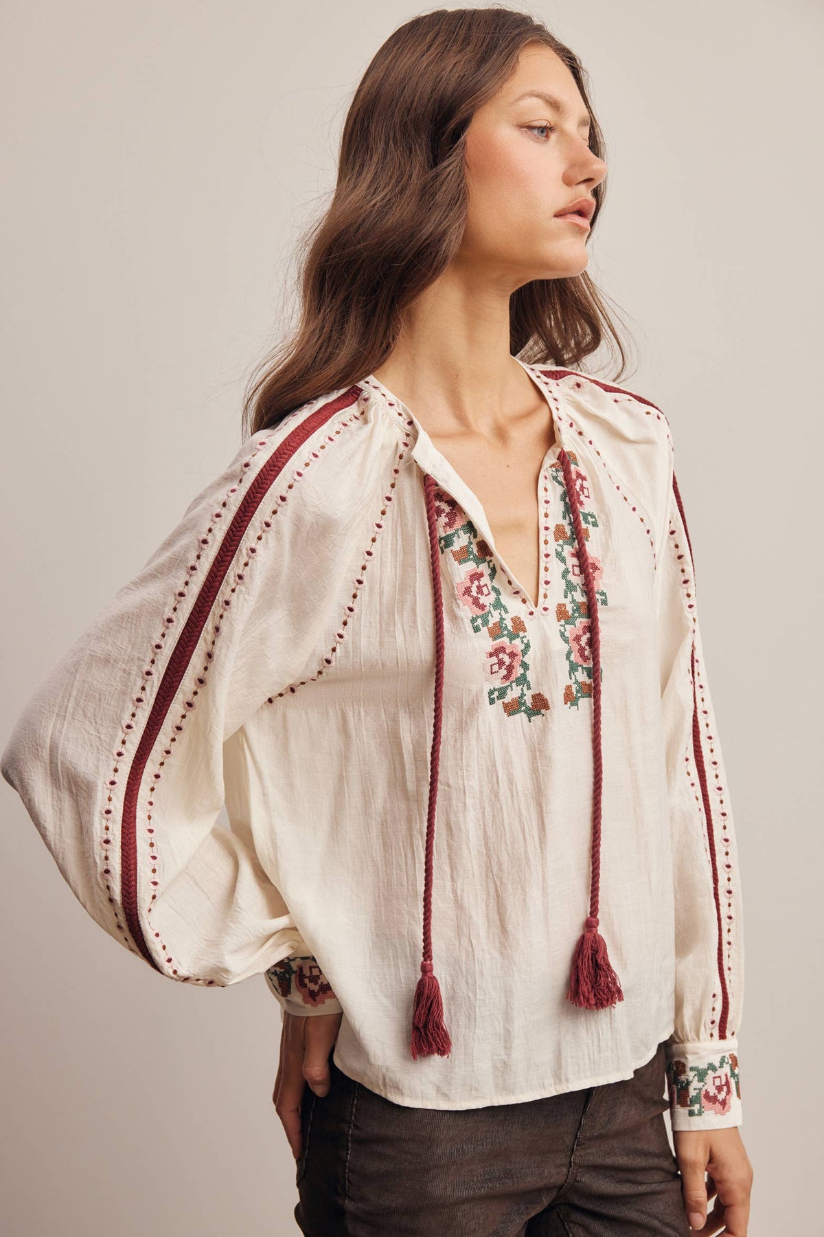 Floral Embroidered Tassel Tie Blouse