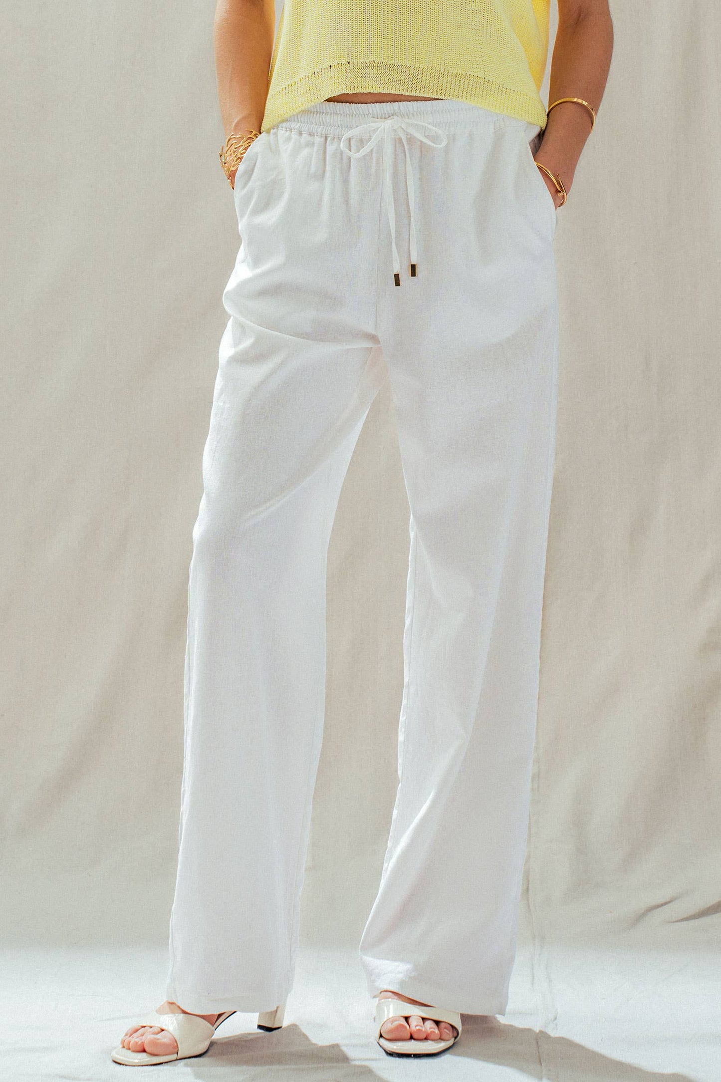 Linen Blend Wide Leg Pants Drawstring Waist 