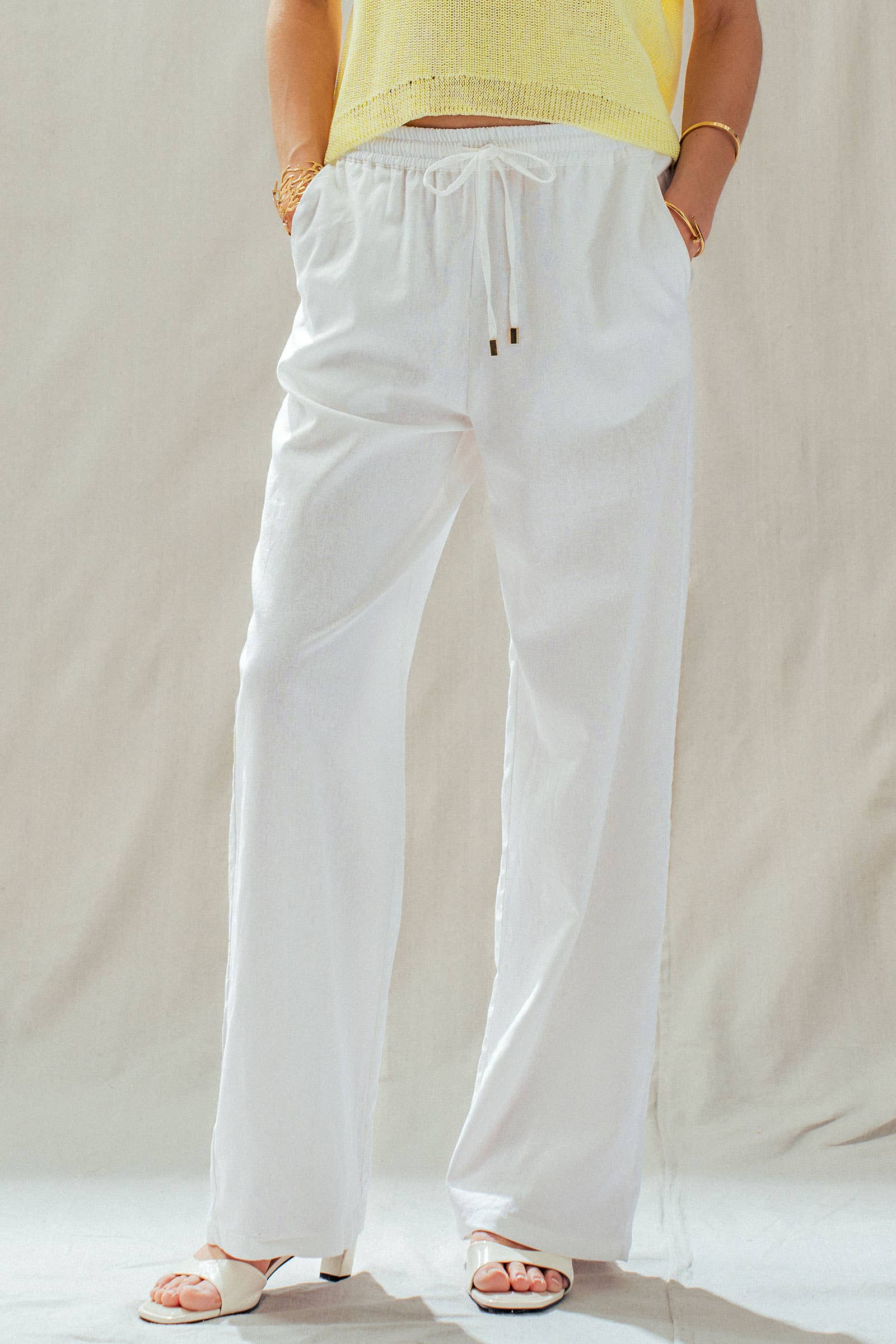 Linen Blend Wide Leg Pants Drawstring Waist 
