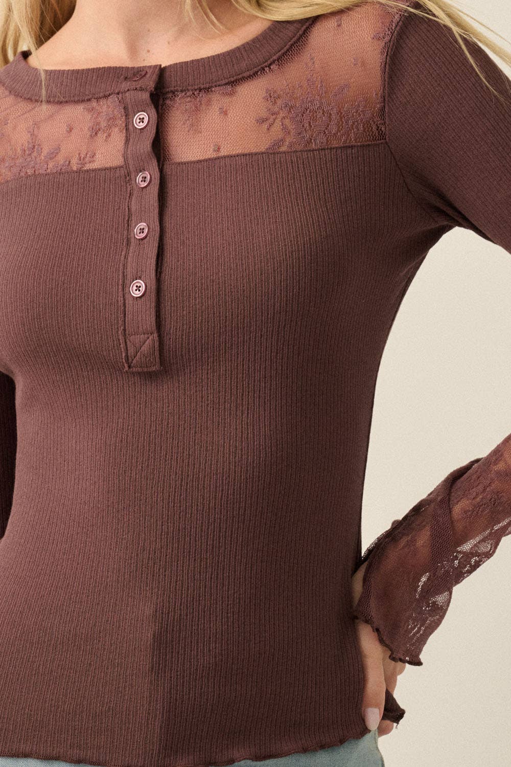 Ribbed Knit and Lace Long-Sleeve Split-Cuff Henley Top: Chocolate
