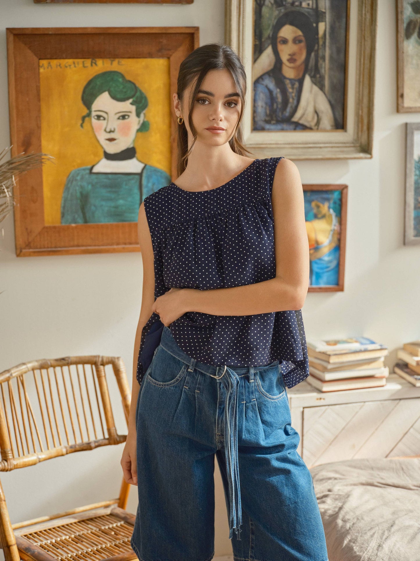 Navy Shirred Babydoll Flare Top