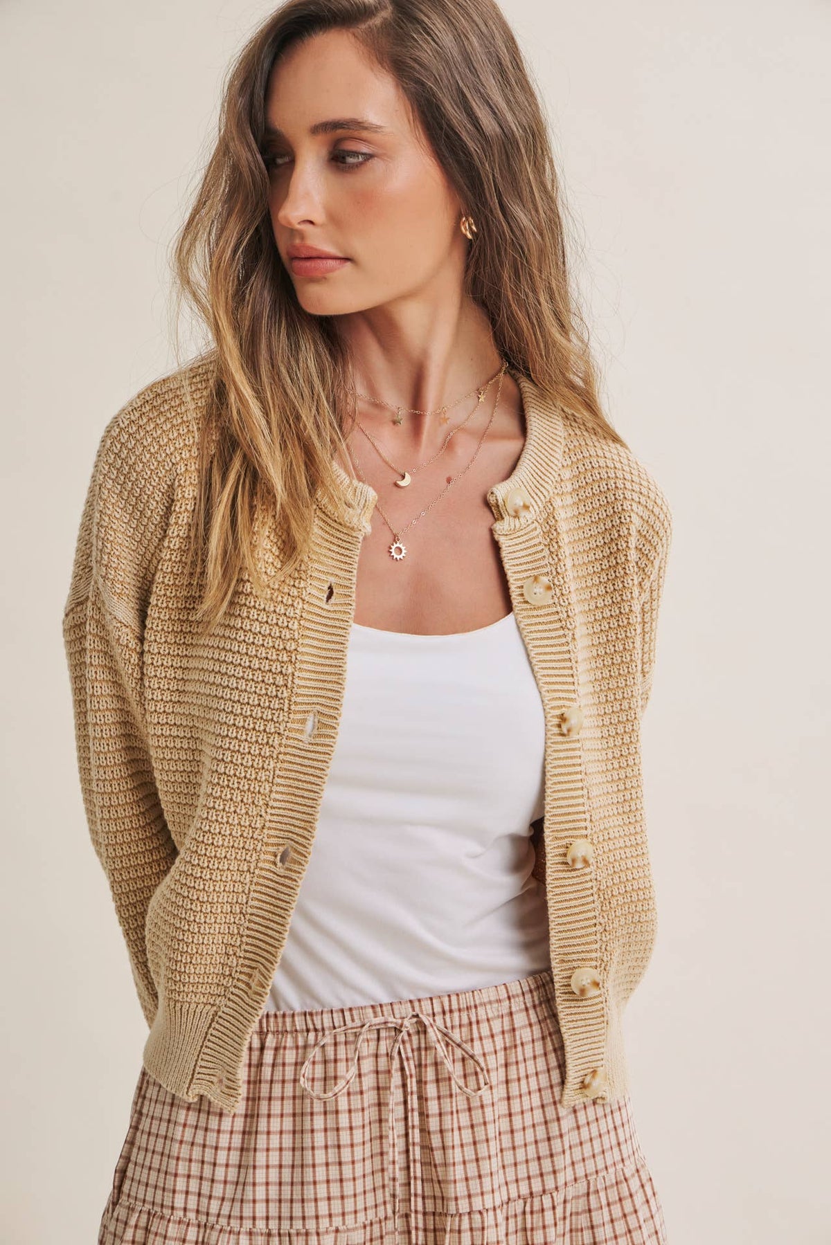 Cream Mineral Washed Waffle Cardigan