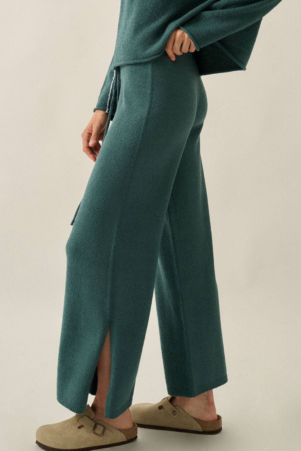 Textured Knit Split-Hem Drawstring Sweater Pants