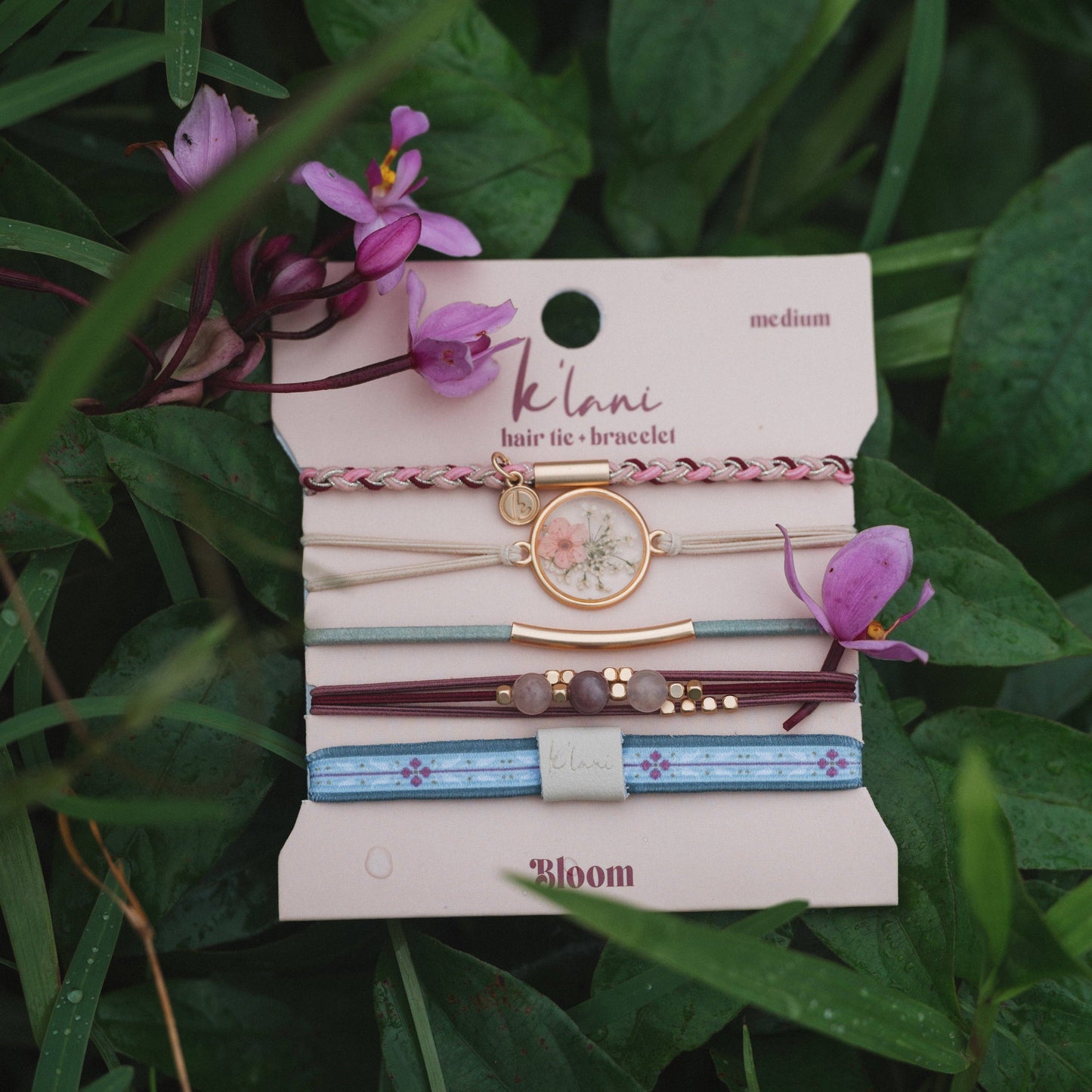 "Bloom" Maroon and Pink with Pressed Flowers Hair Tie Bracelets 