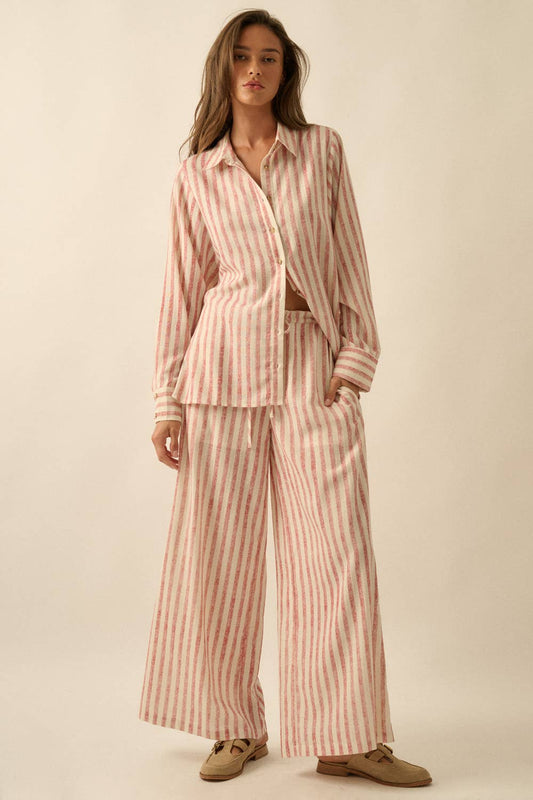 Striped Woven Wide-Leg Drawstring Pocket Pants 