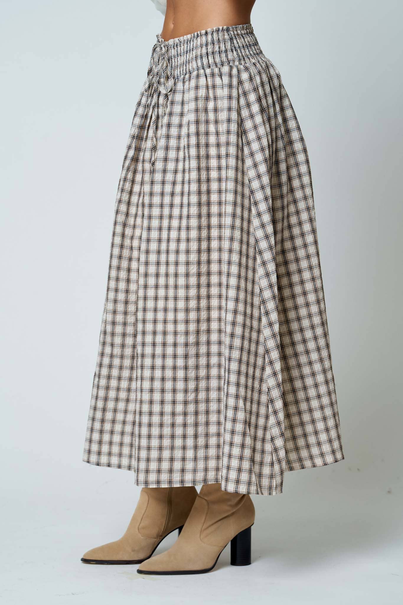 Plaid Smocked Waist Midi Skirt