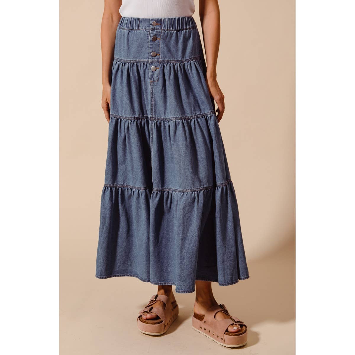 Shirred Denim Maxi Skirt