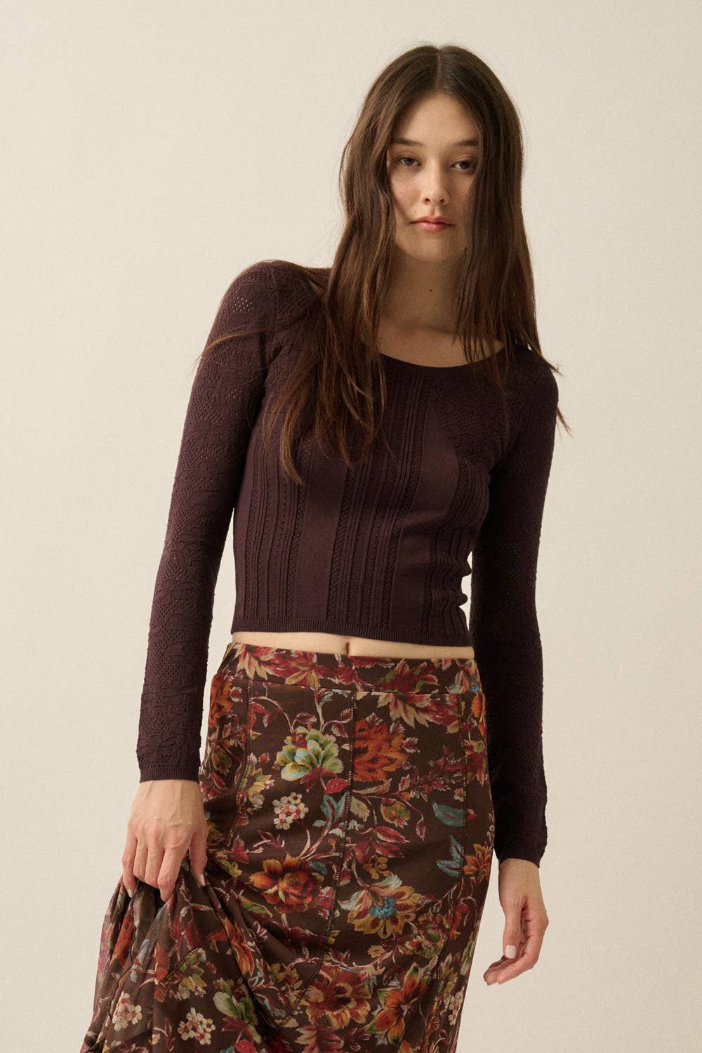 Floral Pointelle and Ribbed Knit Fitted Long-Sleeve Top: Chocolate / L