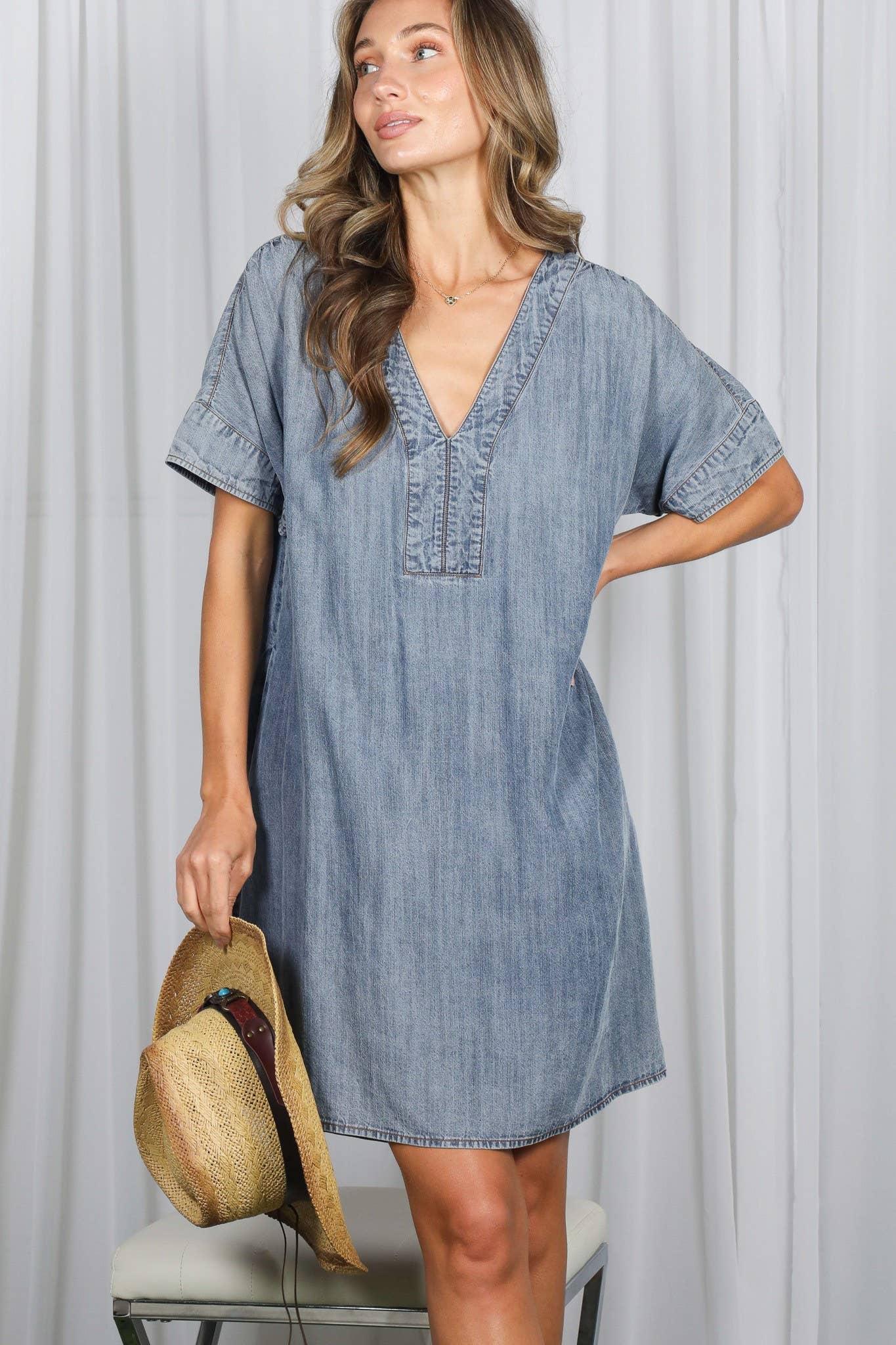 V-Neck Chambray Casual Loose Denim Dress