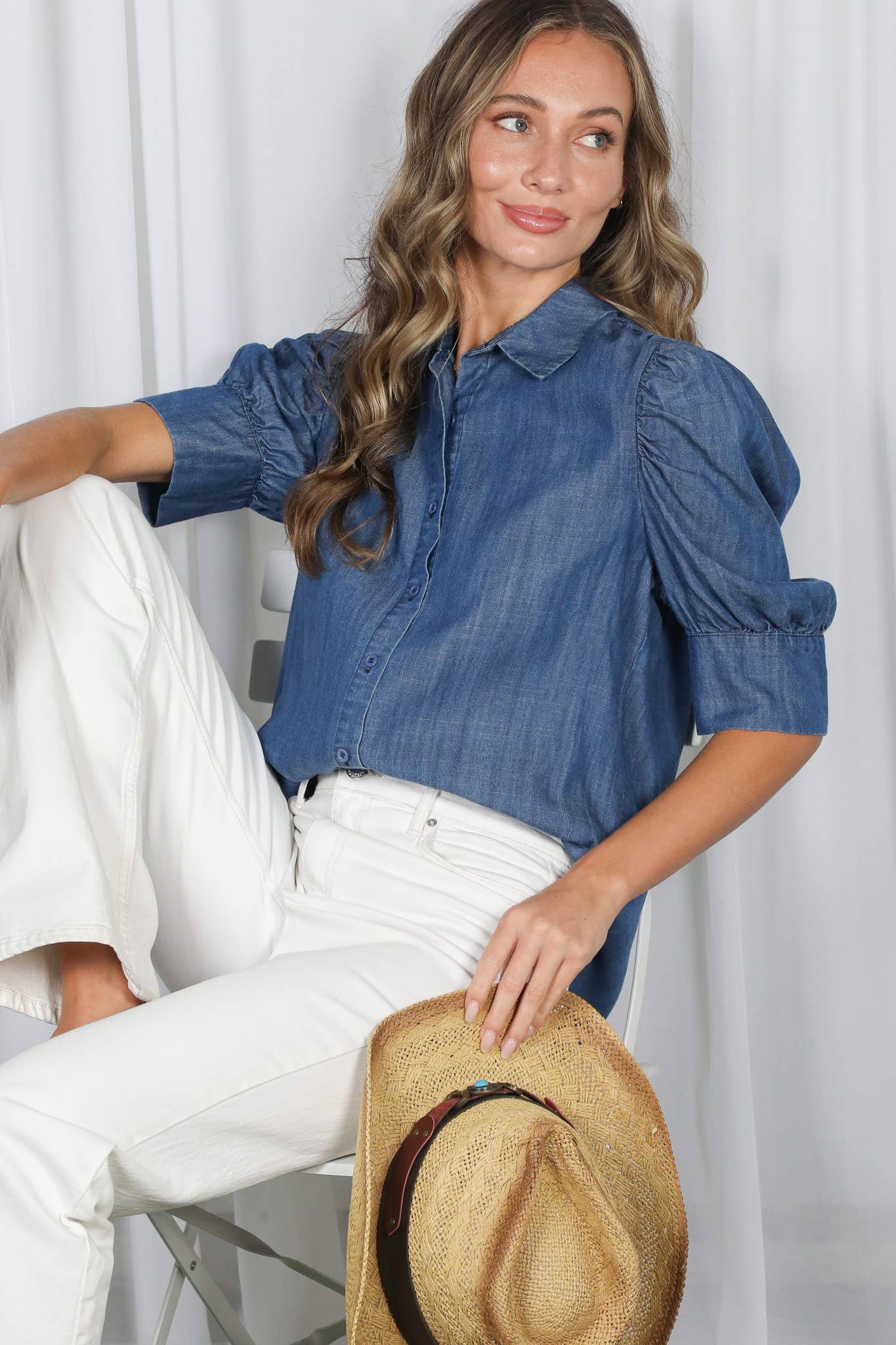 Collared Puff-Sleeve 100%Tencel Chambray Denim Shirt