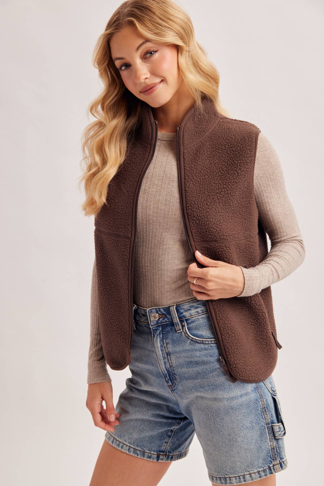 Sherpa Fleece Zipper Fron Opening, Mock Neck Vest