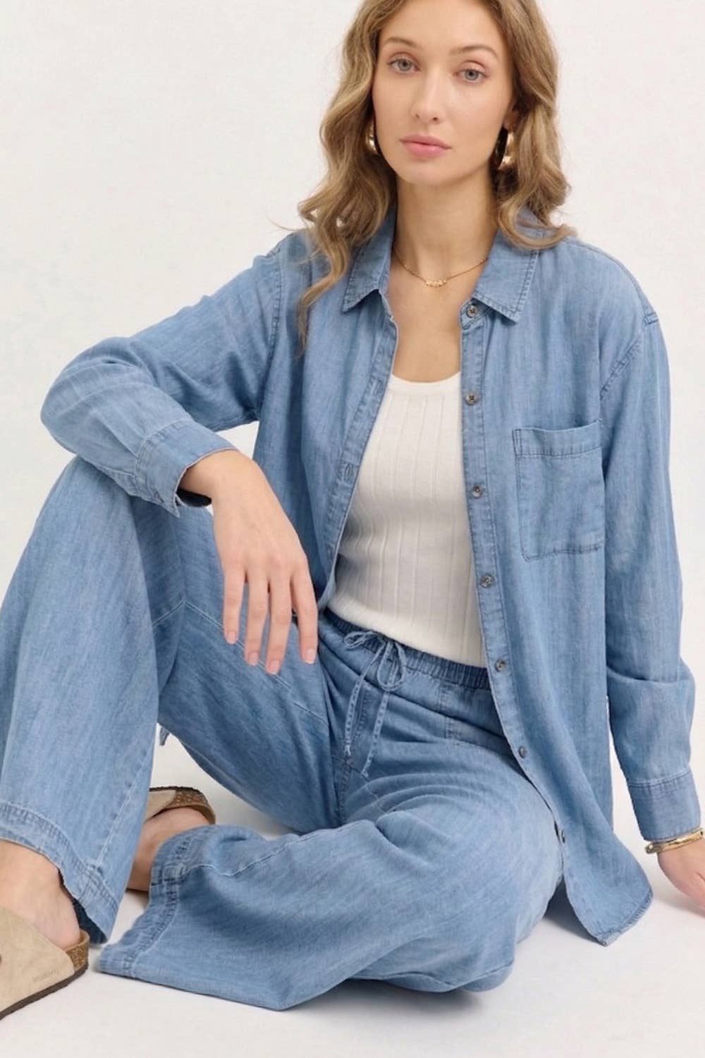 Chambray Wide Leg Classic Pants