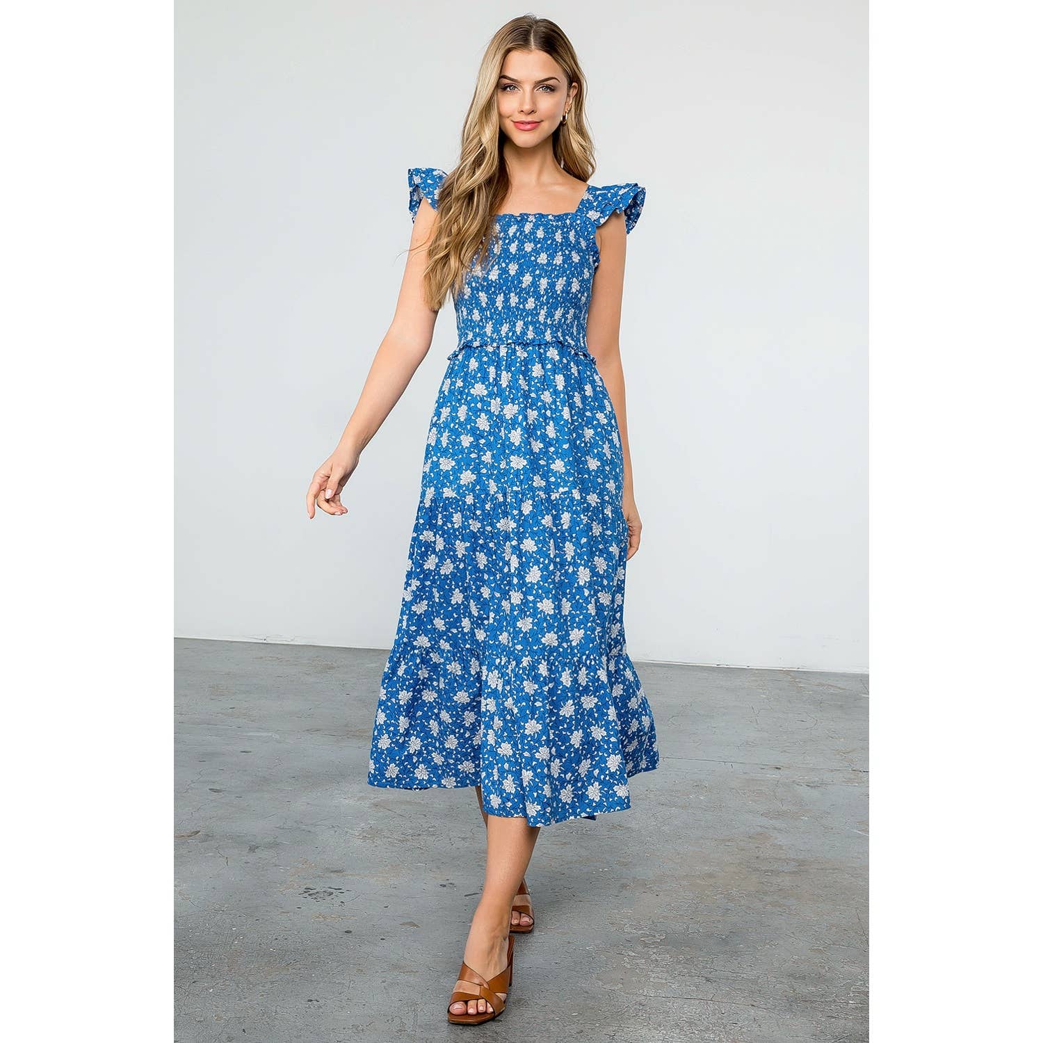 Smocked Tiered Flower Print Dress 