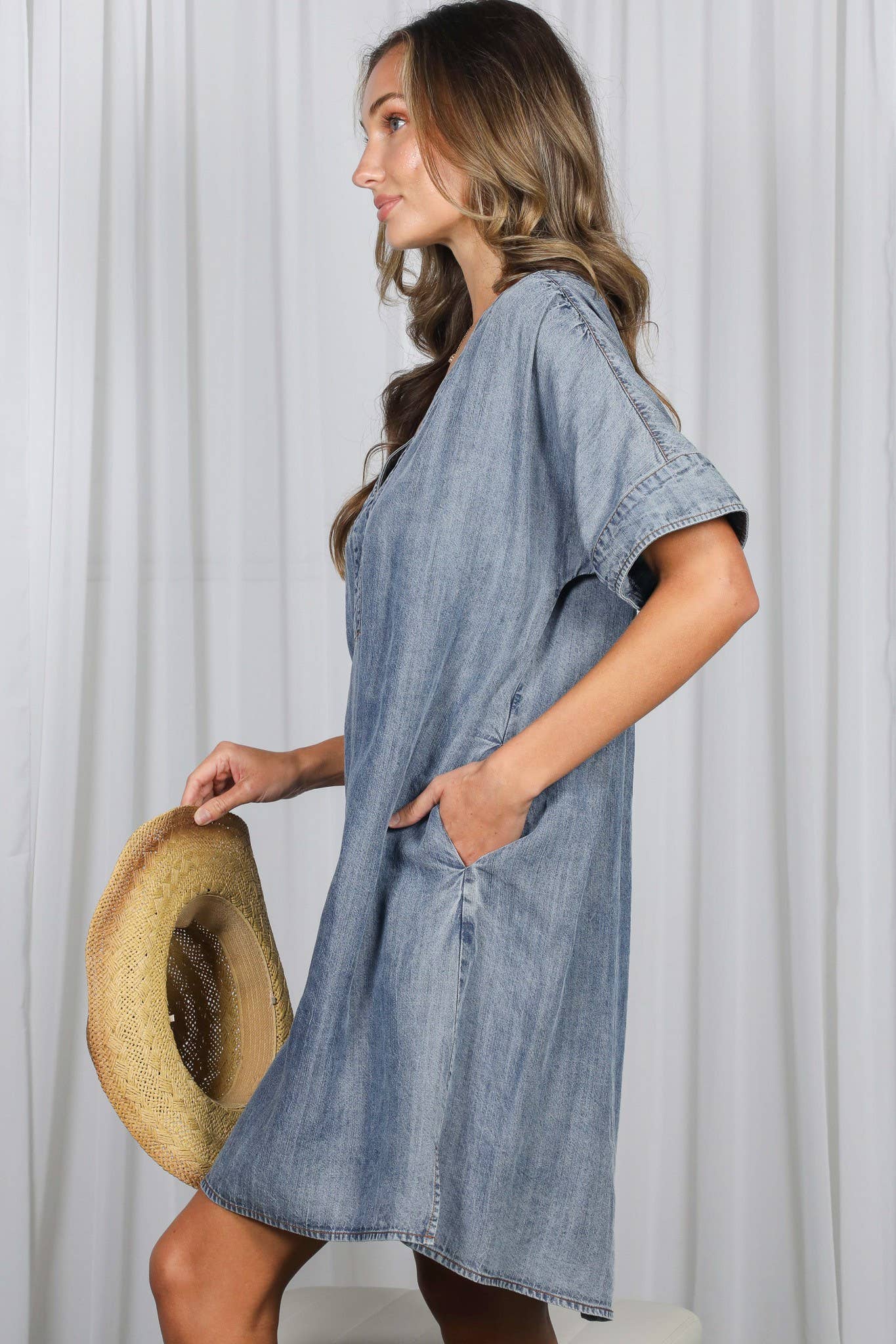 V-Neck Chambray Casual Loose Denim Dress