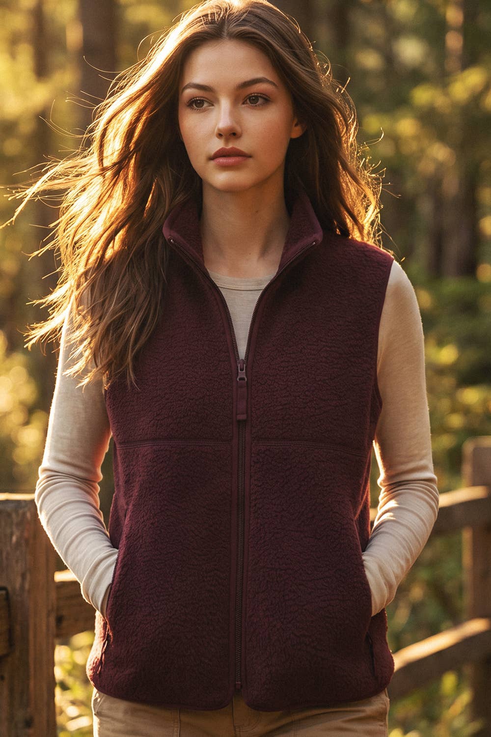 Sherpa Fleece Zipper Front Opening Mock Neck Vest
