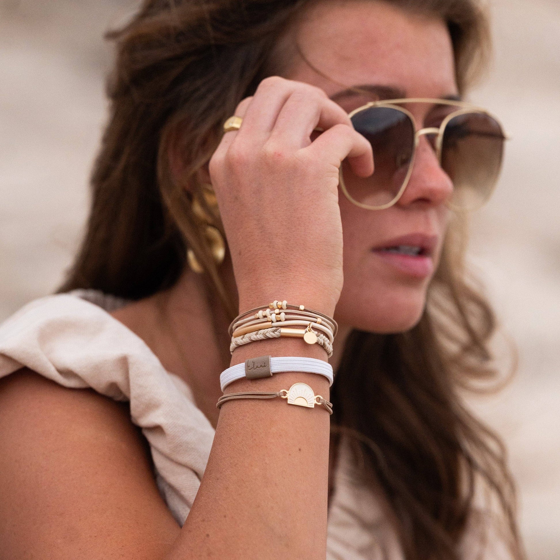"Rise" Cream and Tan With Gold and Sun Accents Hair Tie Bracelets 