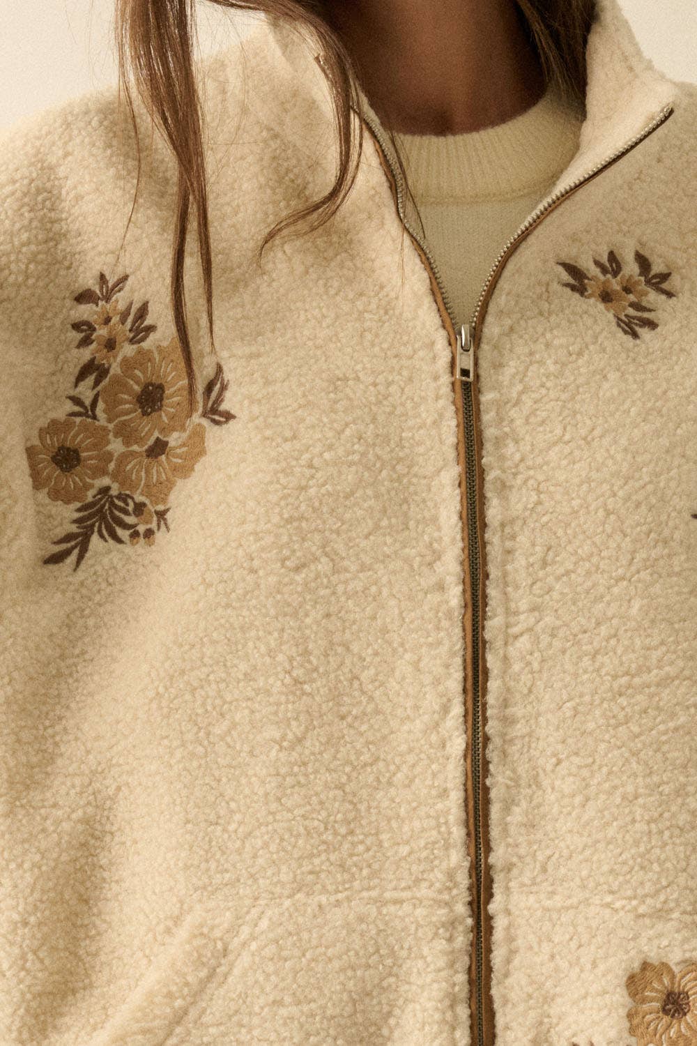 Floral Embroidered Sherpa Fleece Zip-Up Jacket