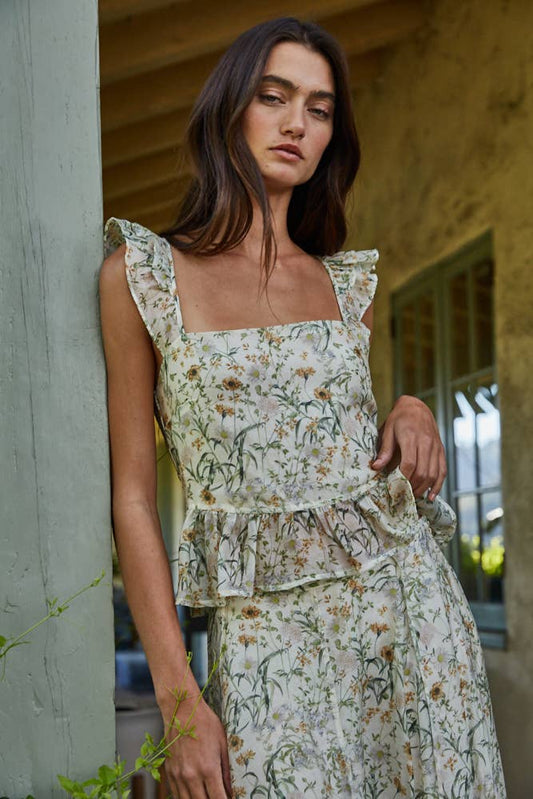 Woven Tencel Nylon Floral Print Ruffle Top