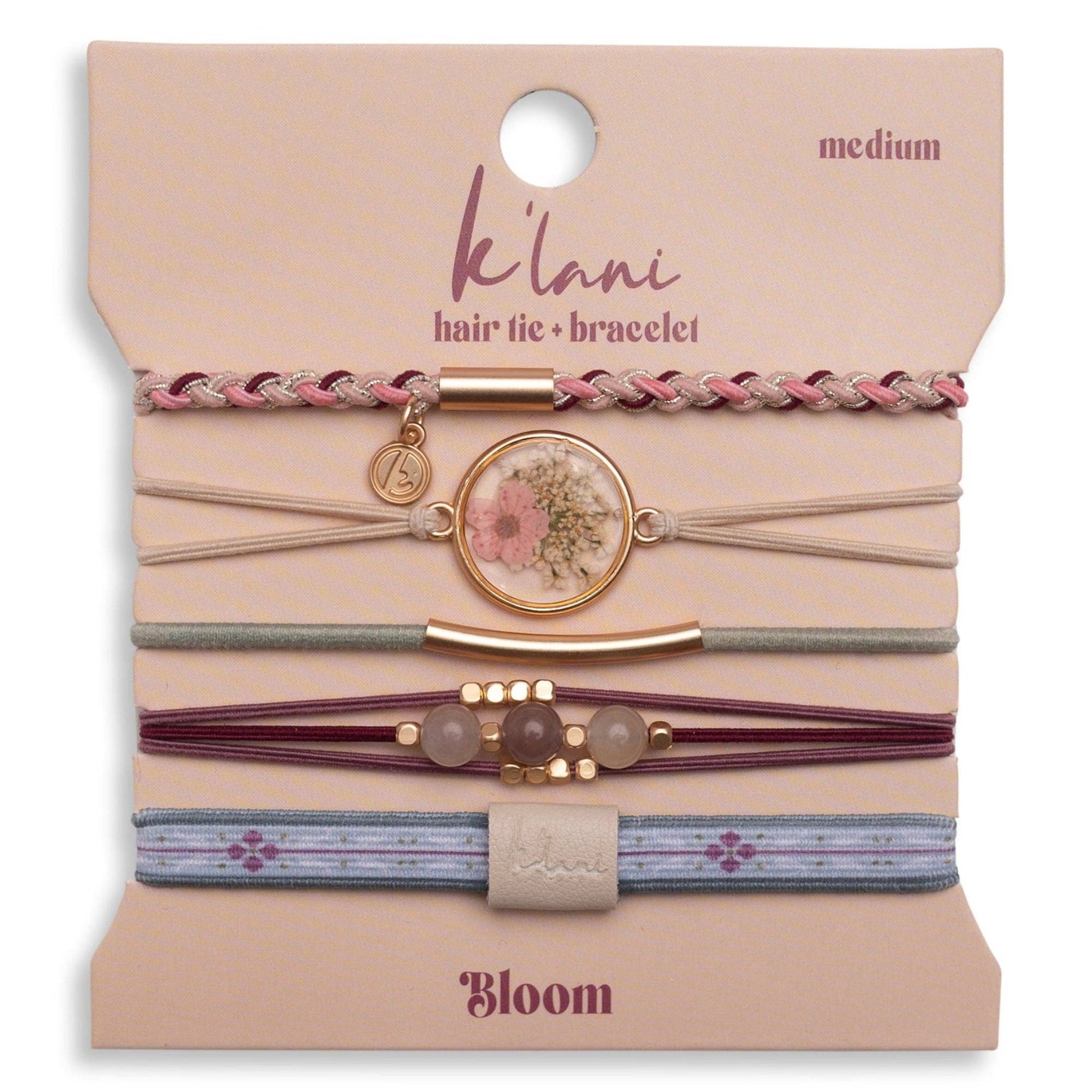 "Bloom" Maroon and Pink with Pressed Flowers Hair Tie Bracelets 