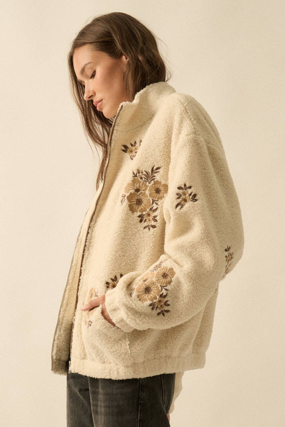Floral Embroidered Sherpa Fleece Zip-Up Jacket