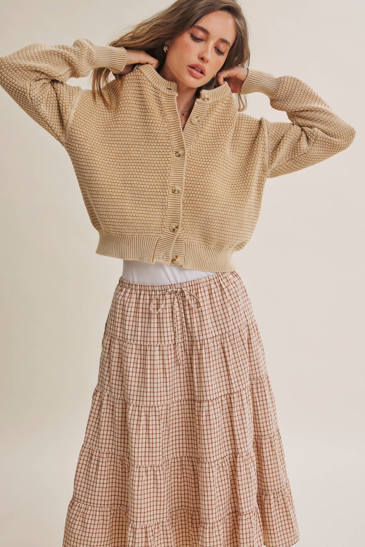 Cream Mineral Washed Waffle Cardigan