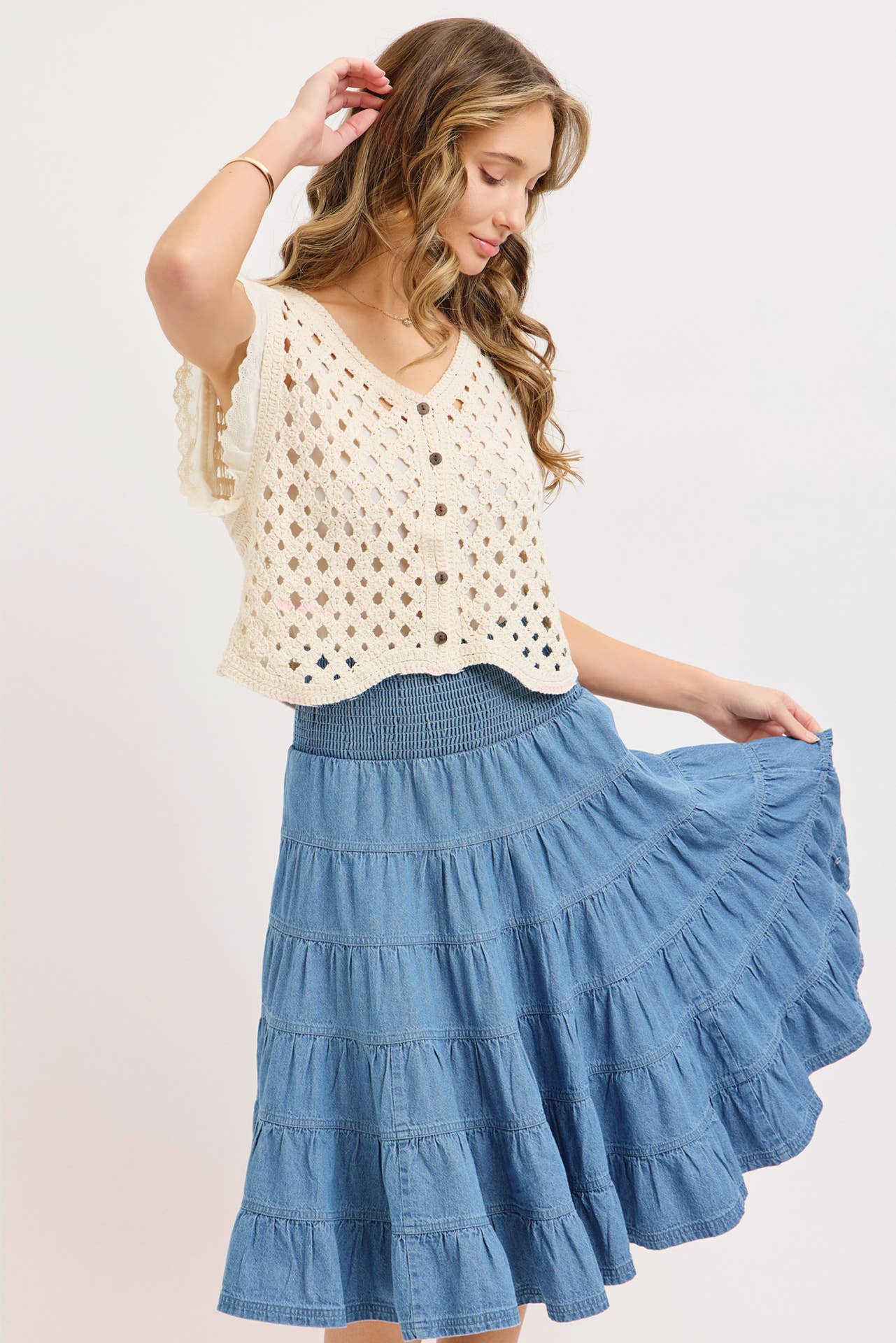 Denim Smocked Waist Tiered Midi Skirt