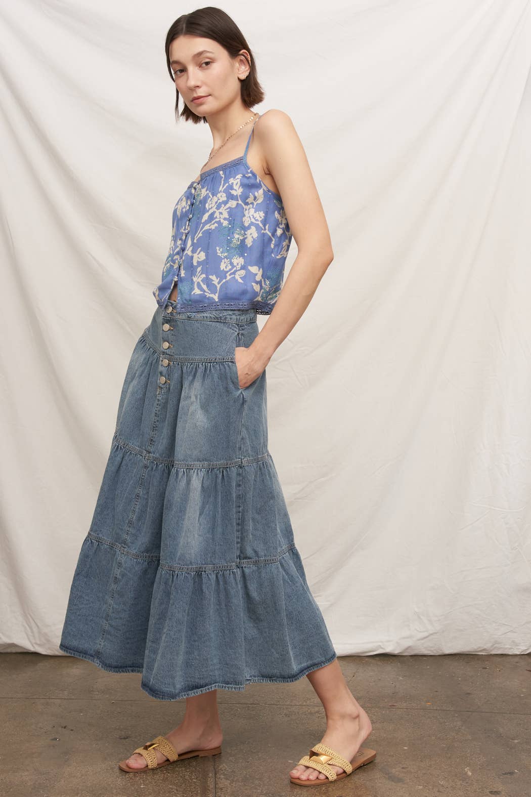 Printed Cami Top with Lace Trim and Sequin Detail