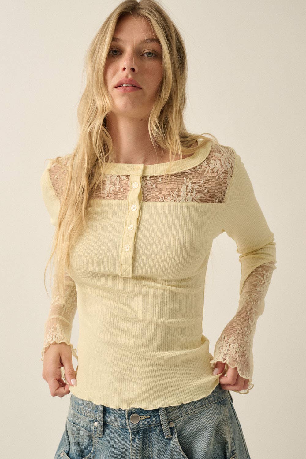 Ribbed Knit and Lace Long-Sleeve Split-Cuff Henley Top