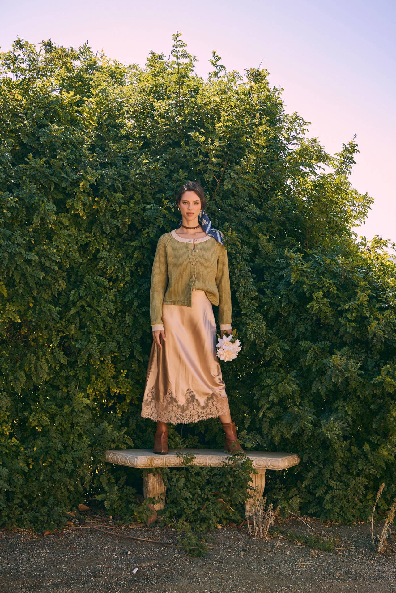 Elegant French Lace Satin Midi Skirt