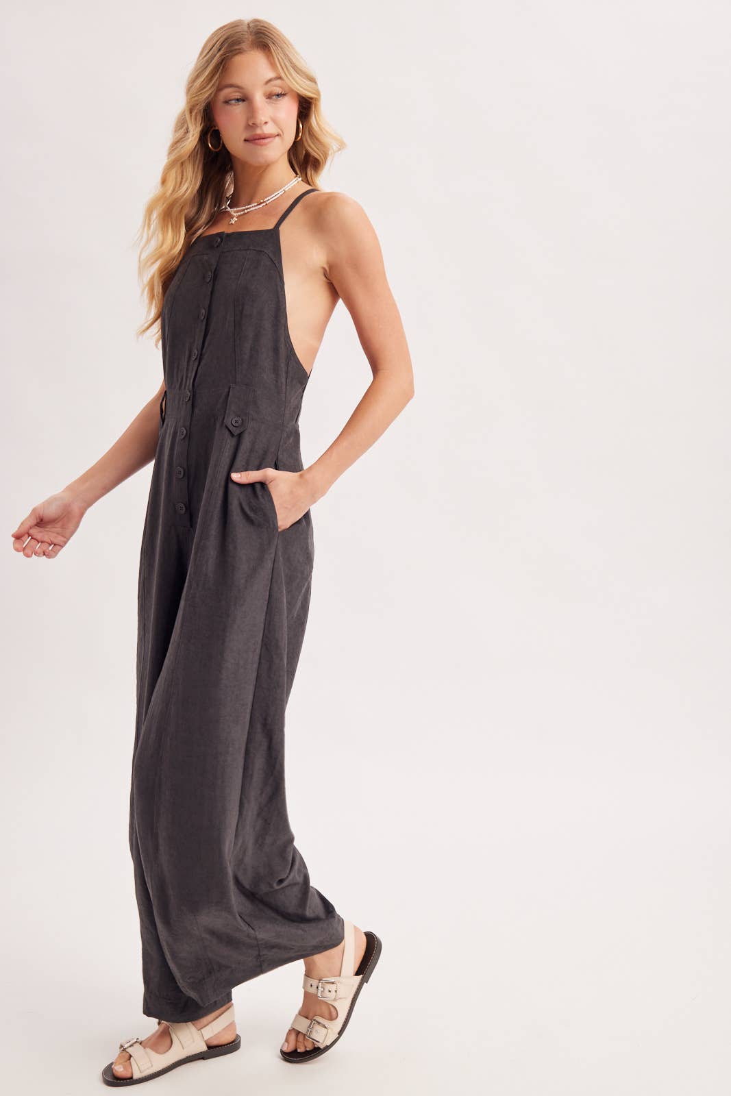 Button Down Apron Style Sleeveless Wide Leg Jumpsuit