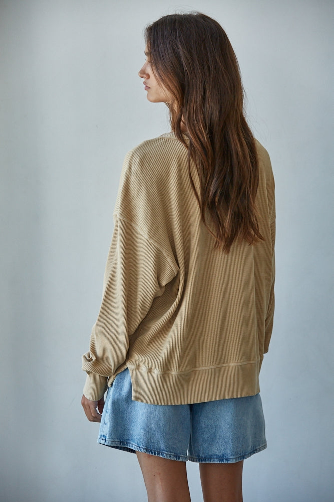 Knit Drop Shoulder Long Sleeve Top with Side Slits: Dusty Gold