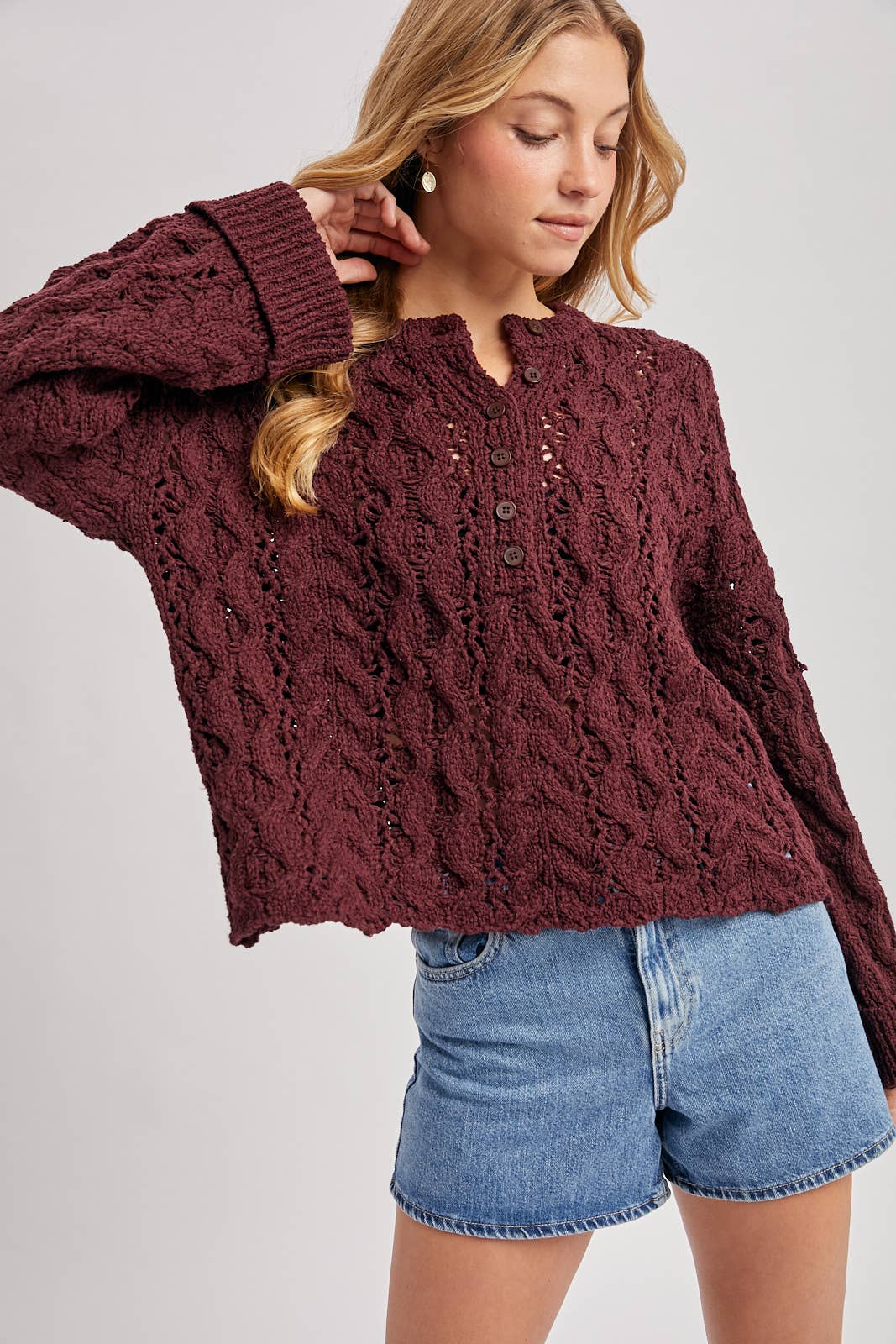 Wine Half Button Down Sweater