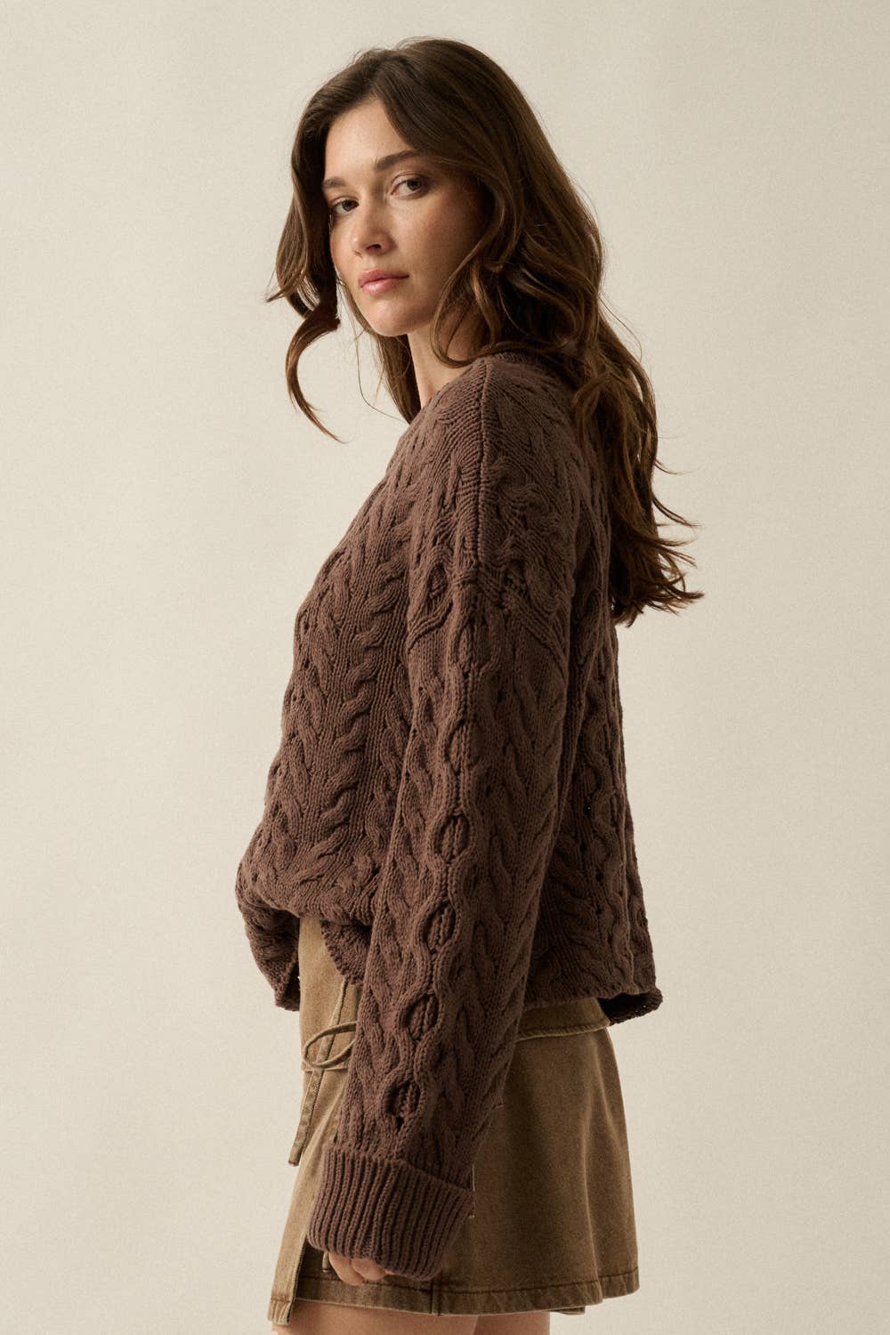 Cable-Knit Half-Zip Cuffed Drop-Shoulder Sweater