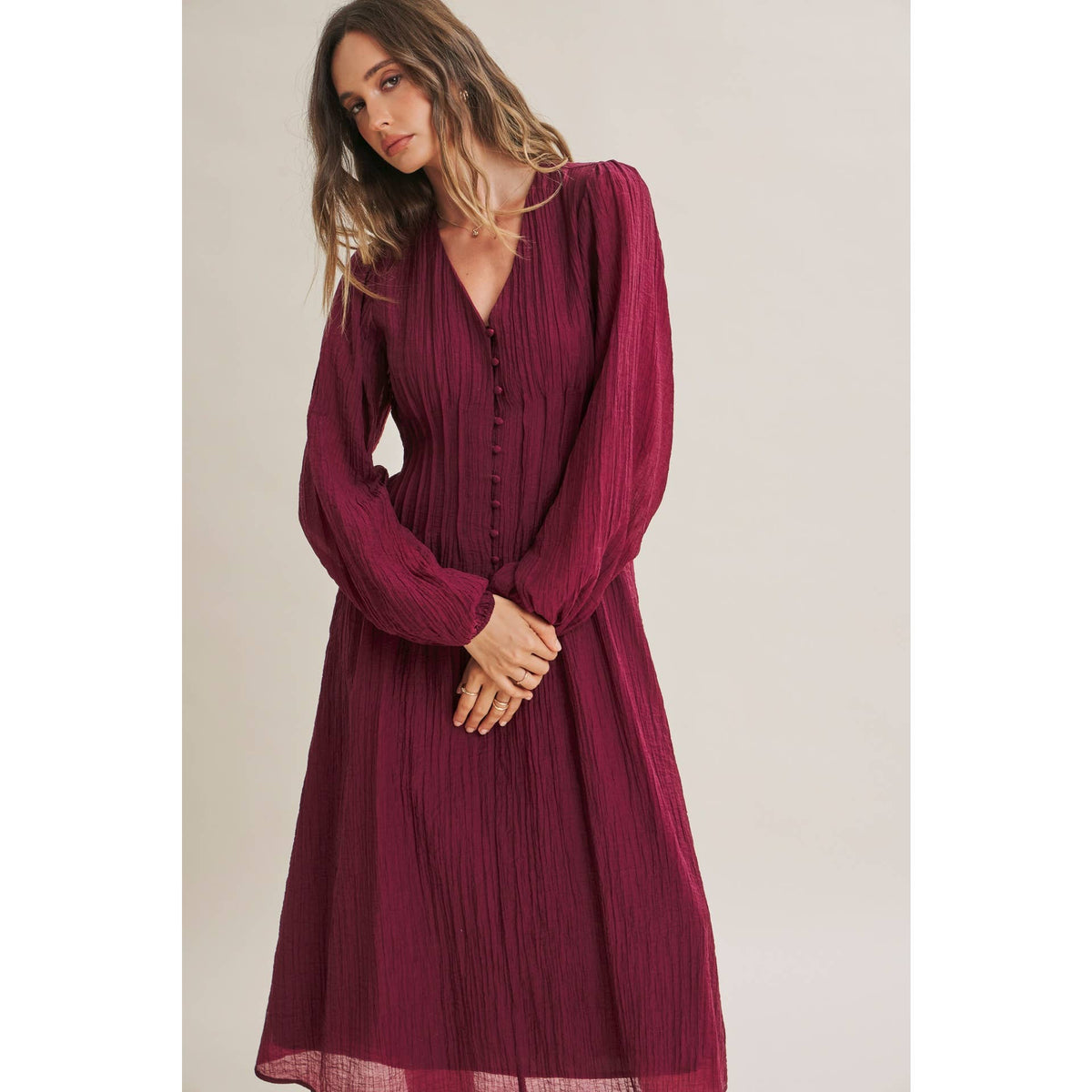 Crimson Crinckle Pintuck Dress