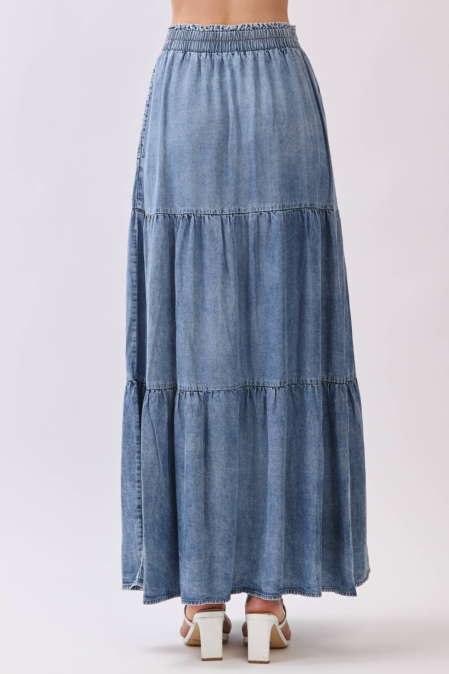 Washed Denim Tiered Maxi Skirt
