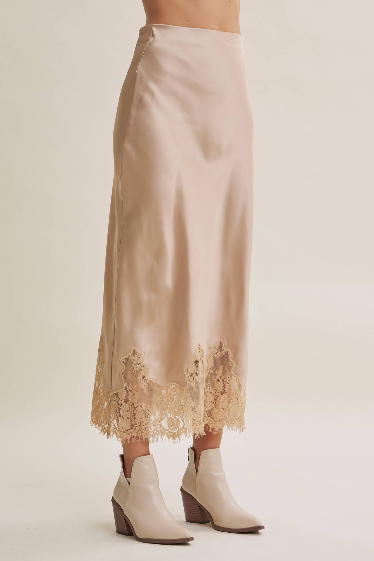 Elegant French Lace Satin Midi Skirt