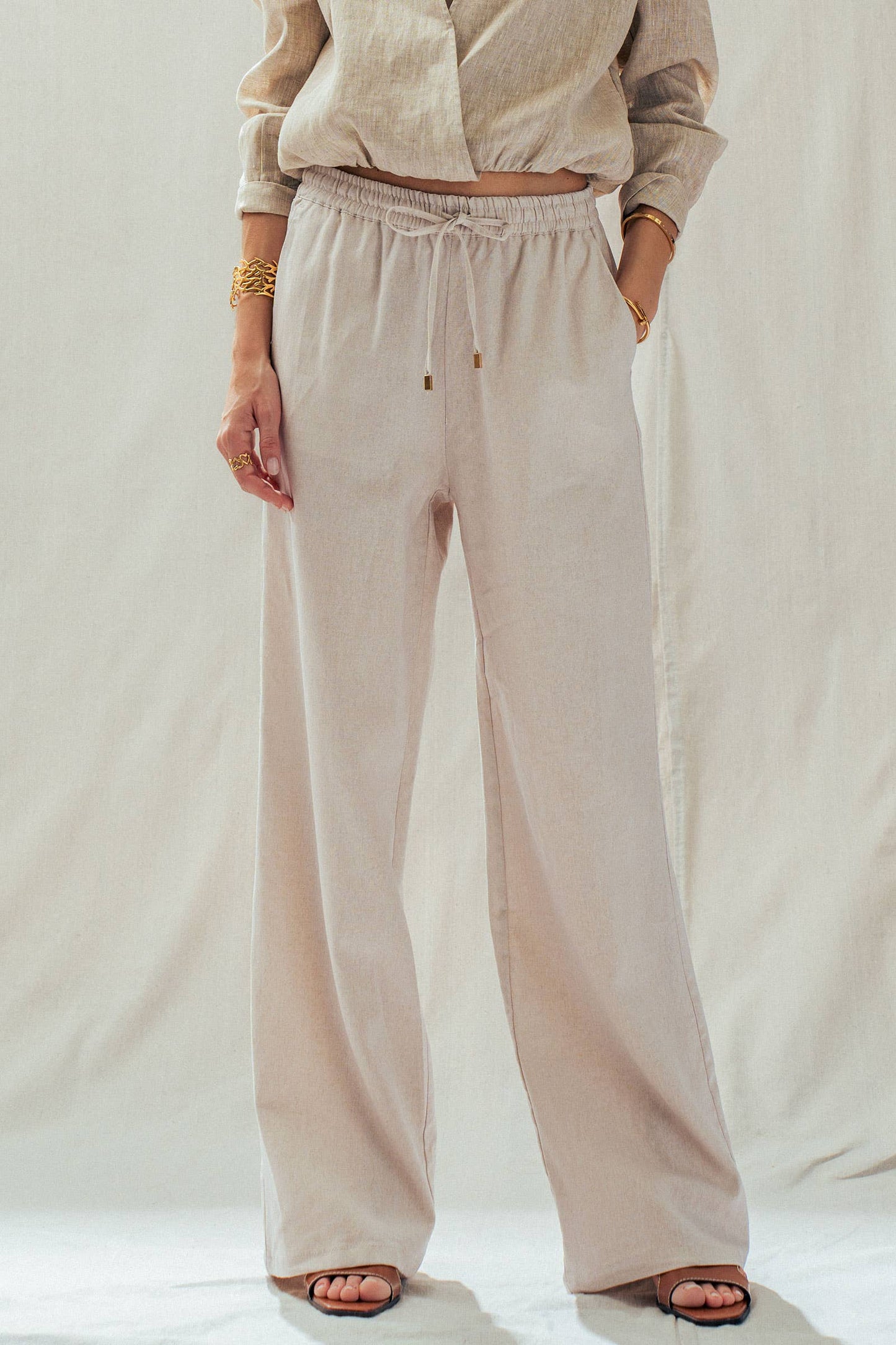 Linen Blend Wide Leg Pants Drawstring Waist 