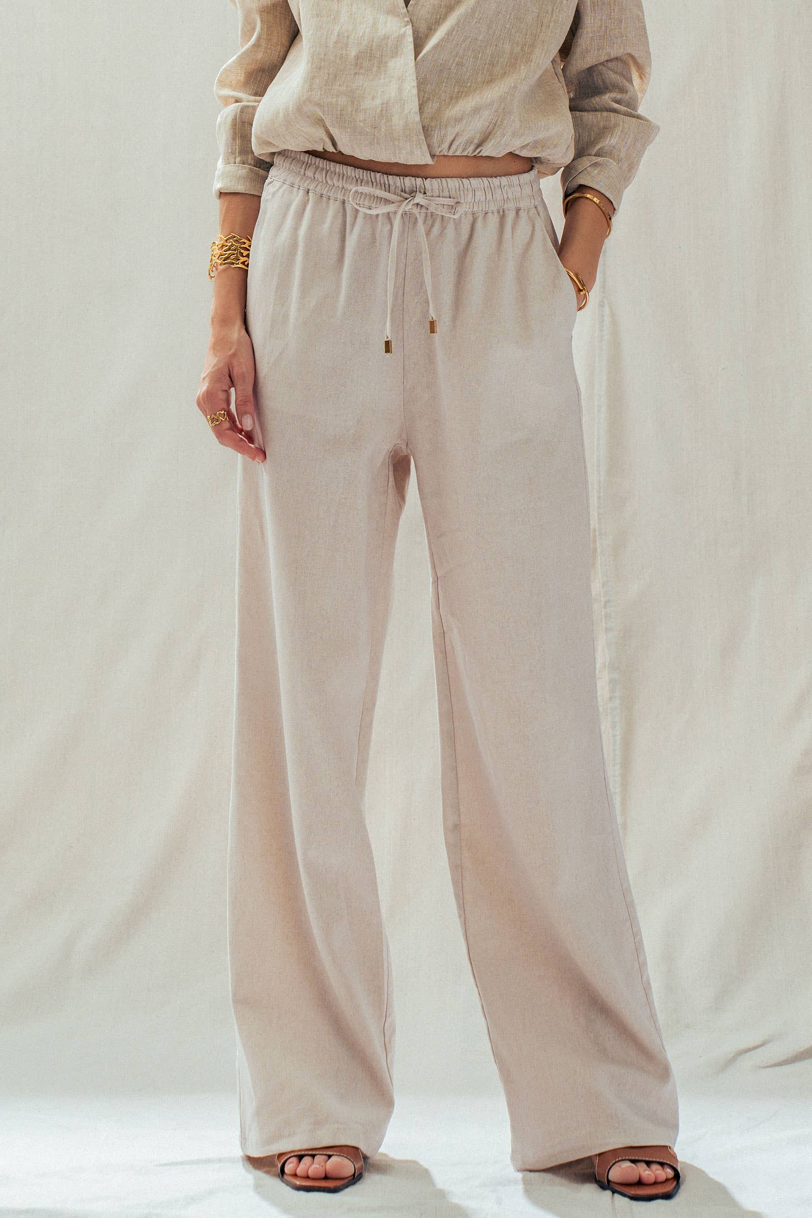 Linen Blend Wide Leg Pants Drawstring Waist 