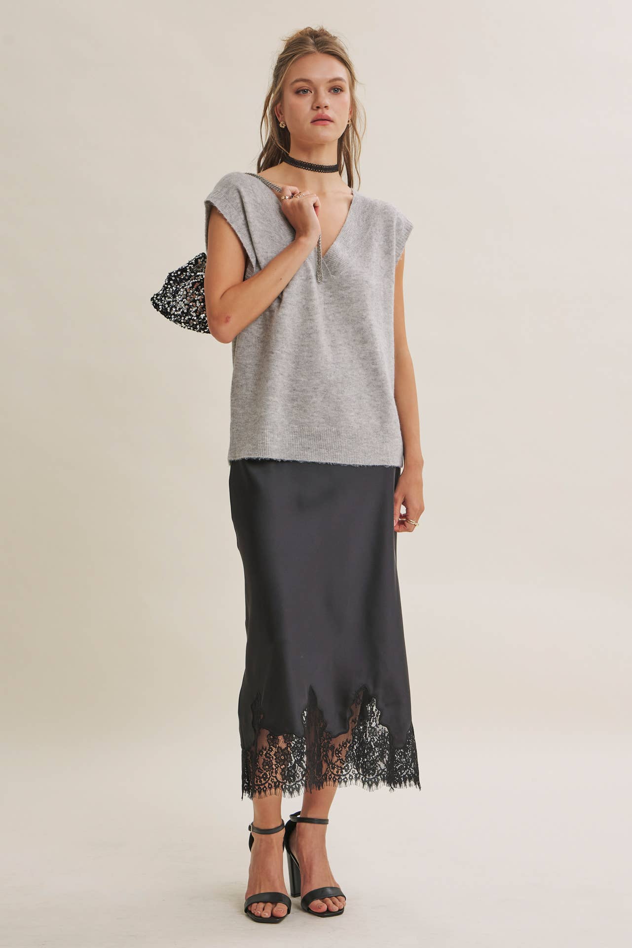 French Lace Satin Midi Skirt