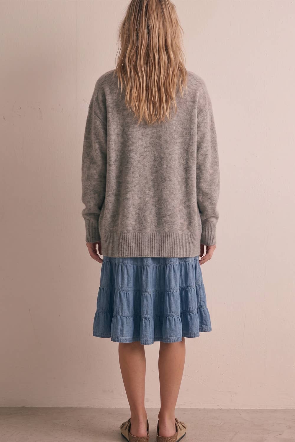 Denim Smocked Waist Tiered Midi Skirt