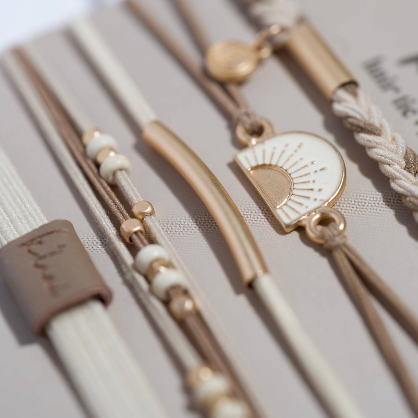 "Rise" Cream and Tan With Gold and Sun Accents Hair Tie Bracelets 