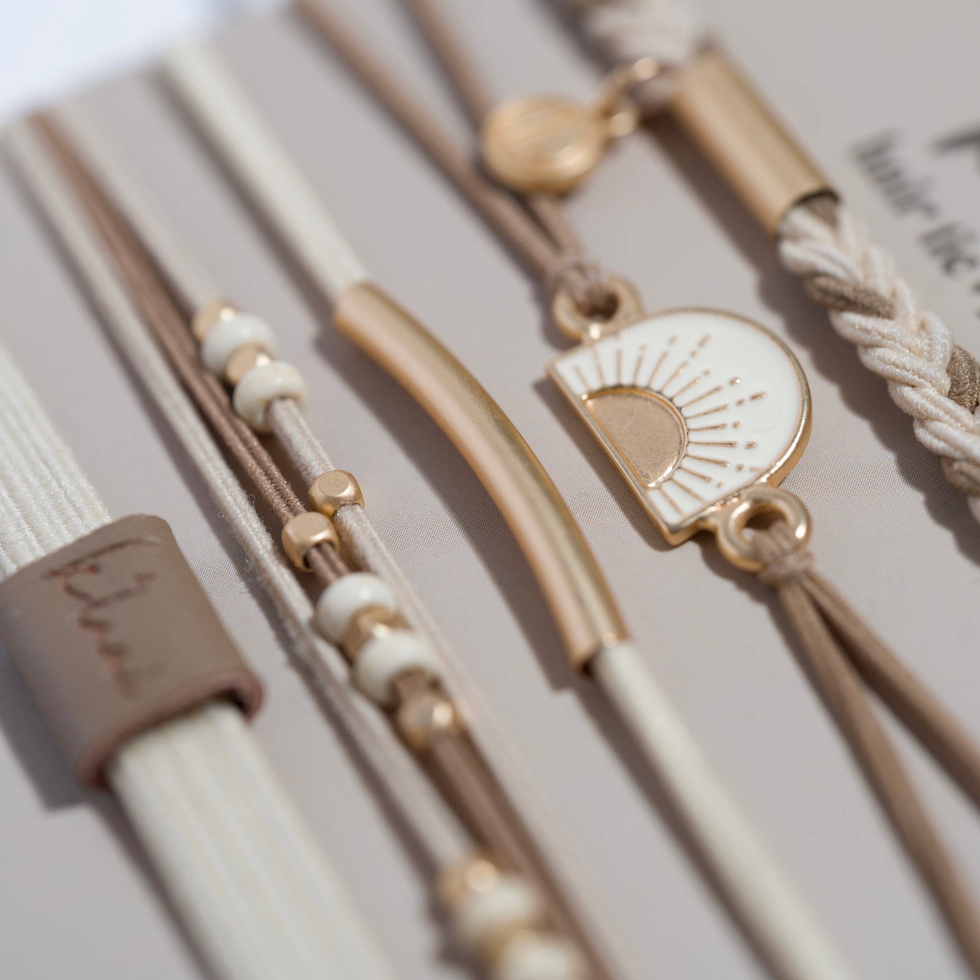 "Rise" Cream and Tan With Gold and Sun Accents Hair Tie Bracelets 