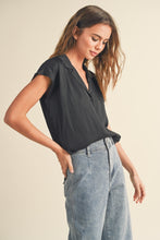 Load image into Gallery viewer, Black Button Down Cap Sleeve Blouse
