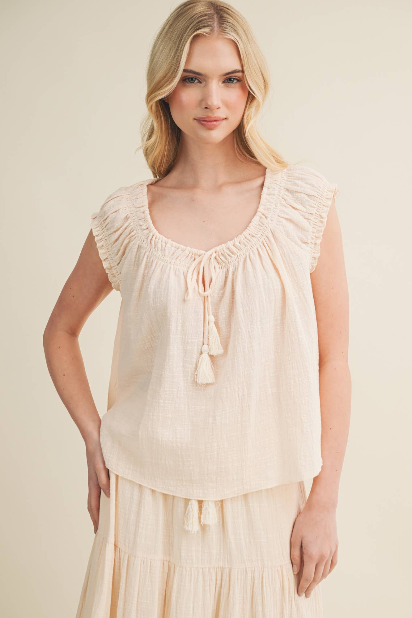 Gathered Tassel Tie Ruffle Sleeve Top