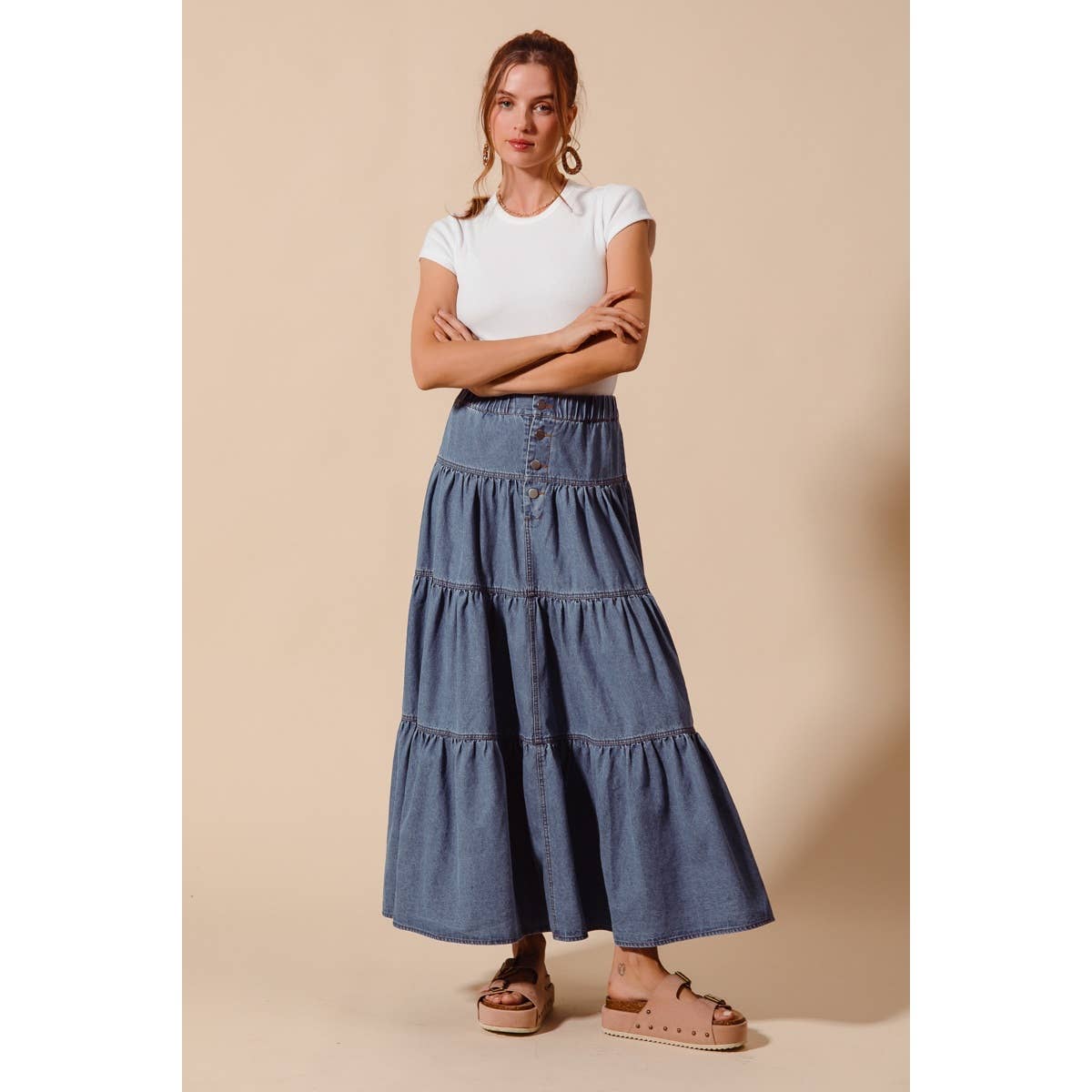 Shirred Denim Maxi Skirt