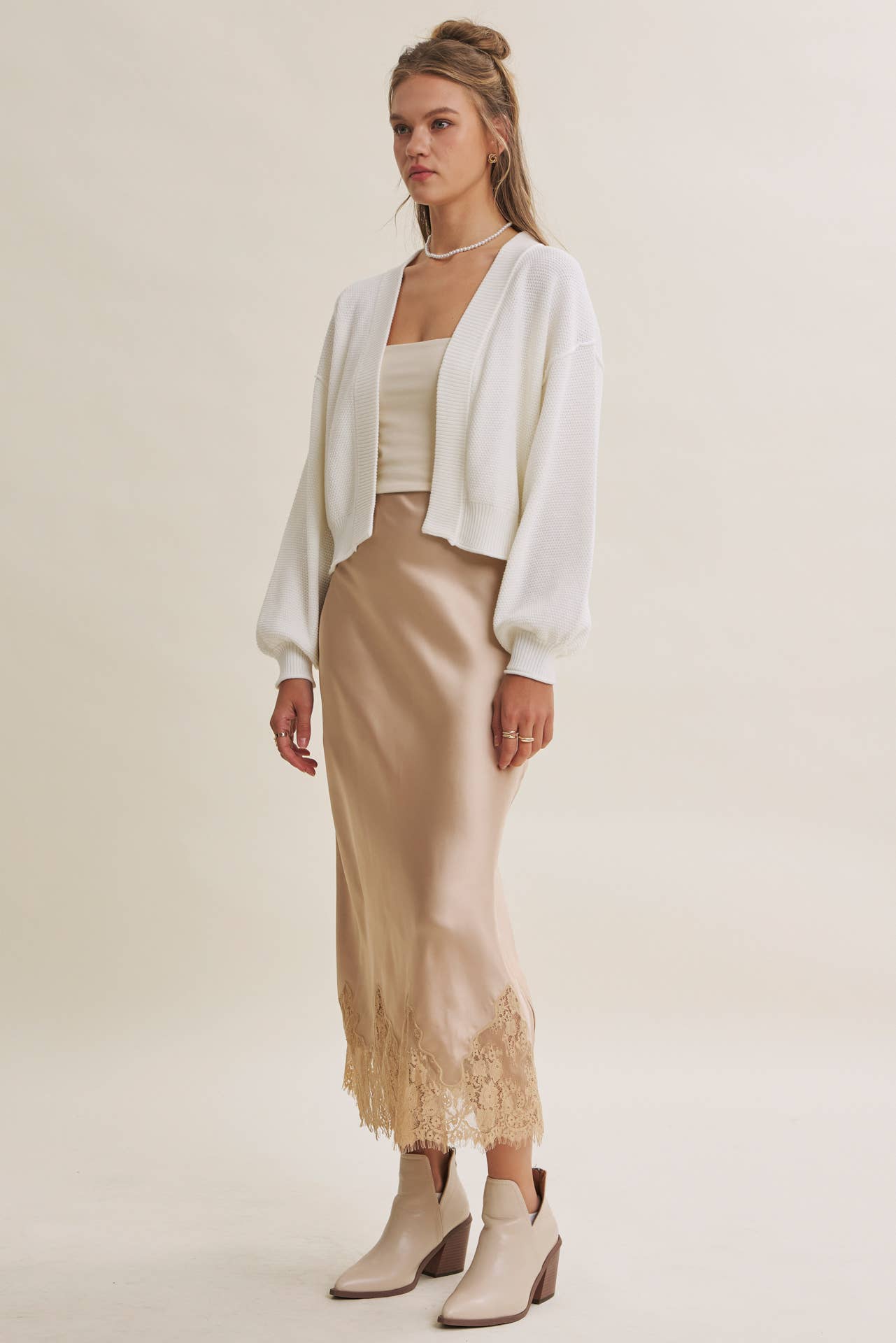 Elegant French Lace Satin Midi Skirt