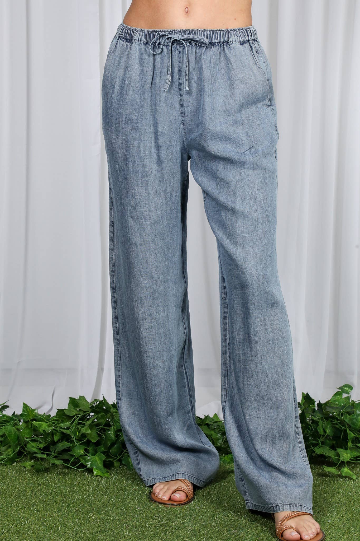 Casual Flowy Wide Leg Tencel Chambray Washed Pants