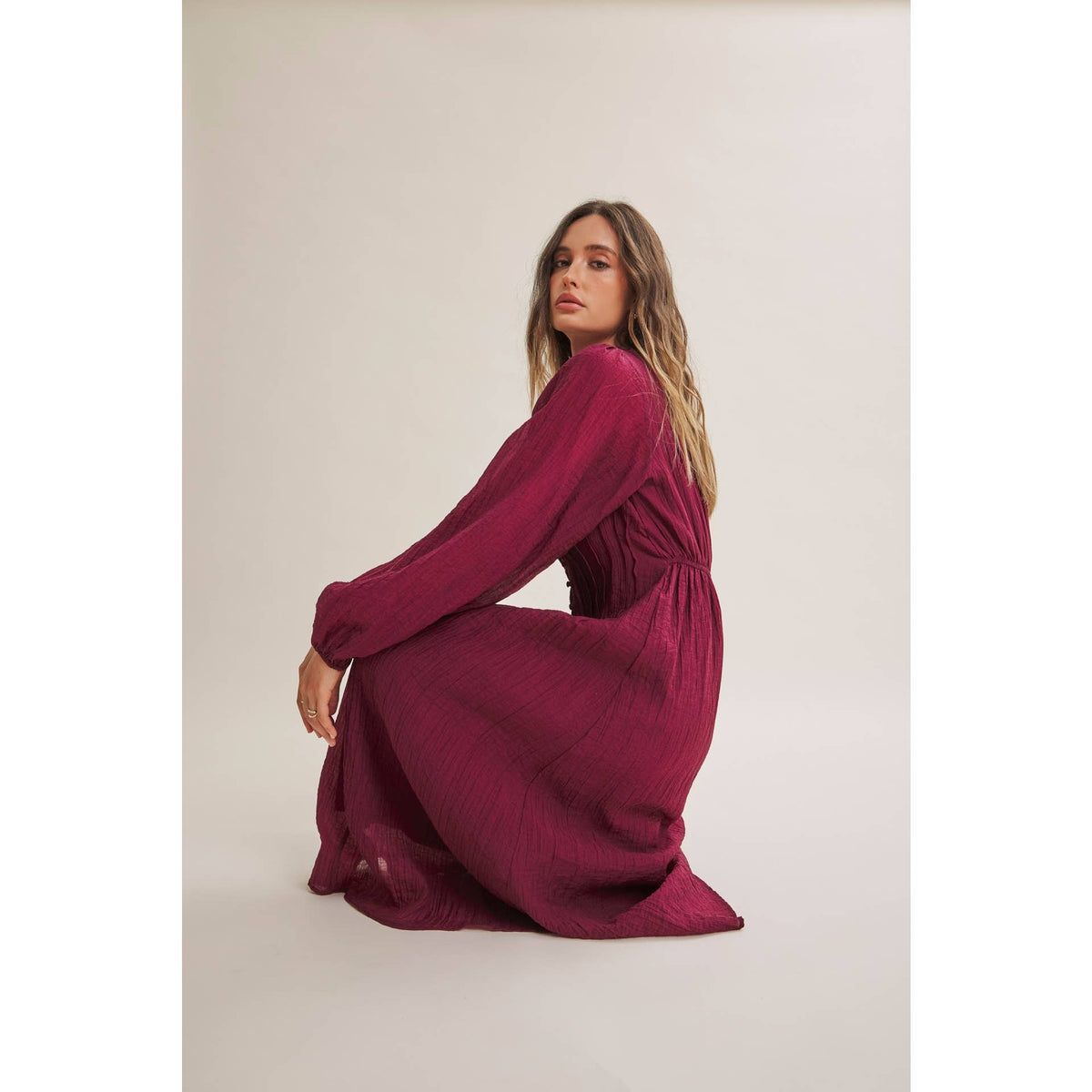 Crimson Crinckle Pintuck Dress
