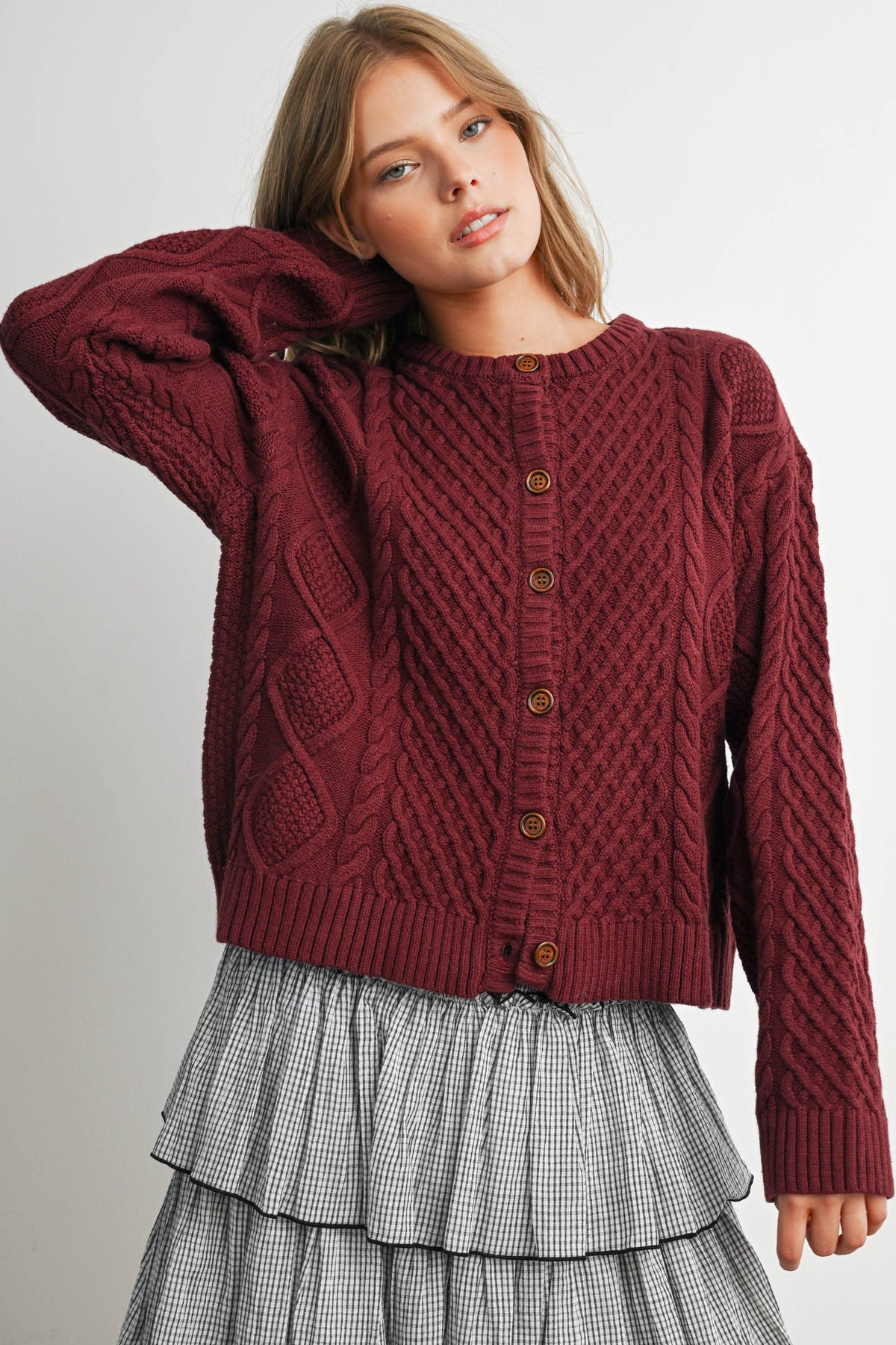 Berry Cable Knit Cardigan