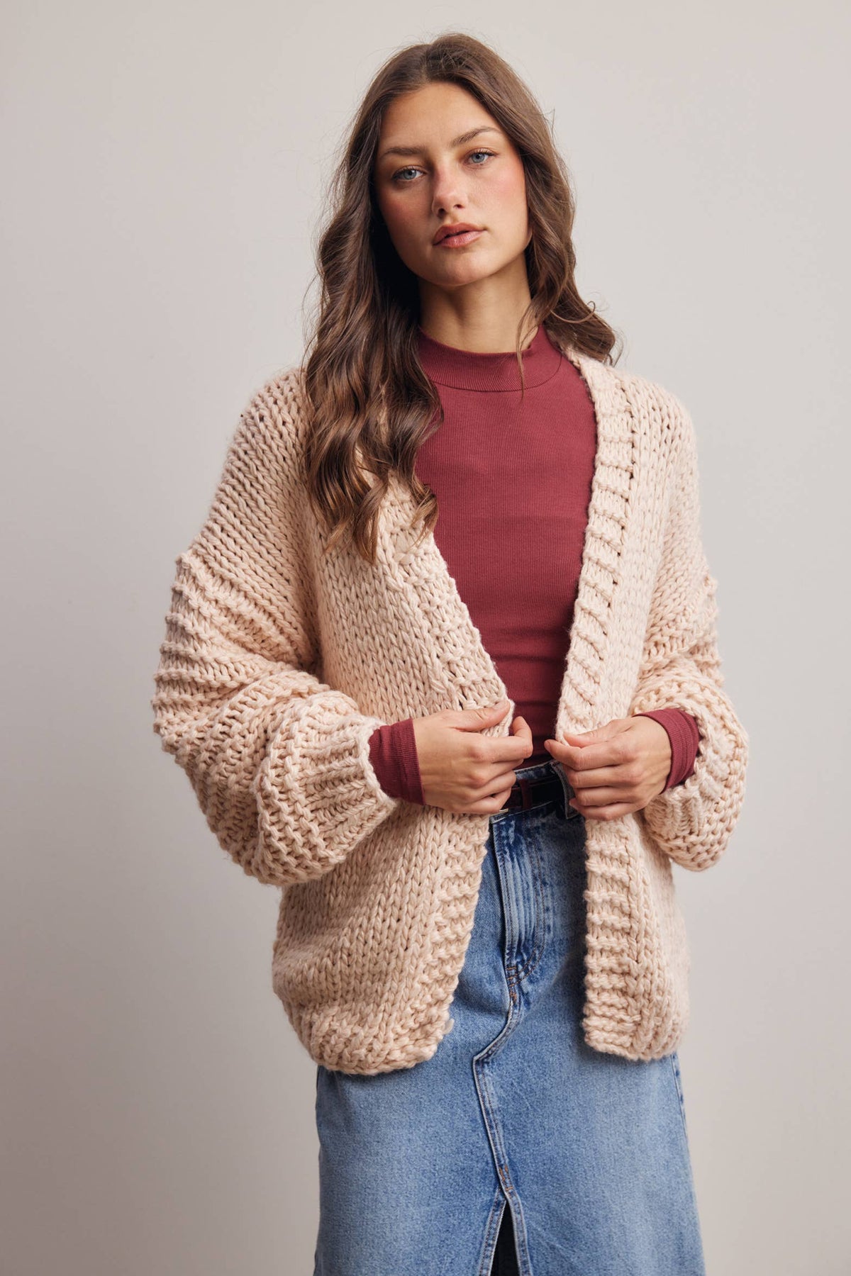 Chunky Knit Heart Back Cardigan in Blush